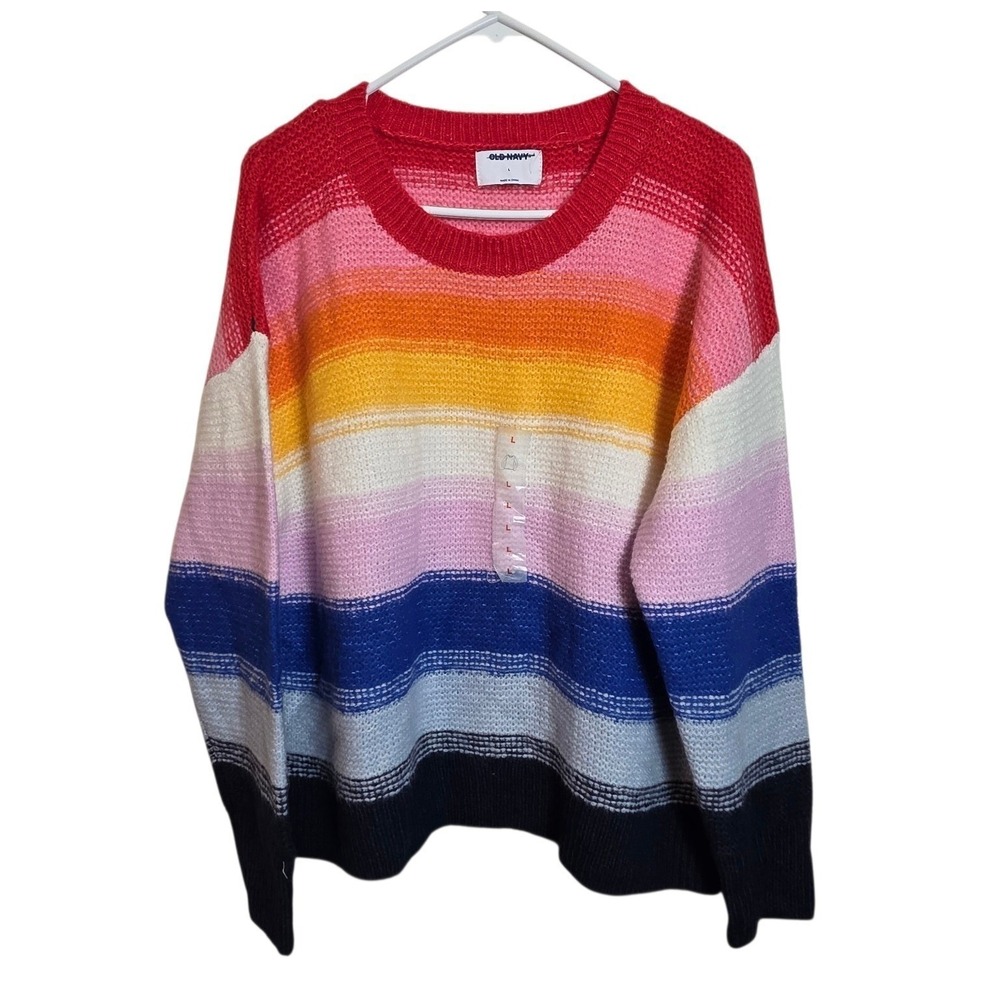 Old Navy Womens Rainbow Striped Crewneck Sweater Multi Color Knit Large L New - Picture 4 of 14
